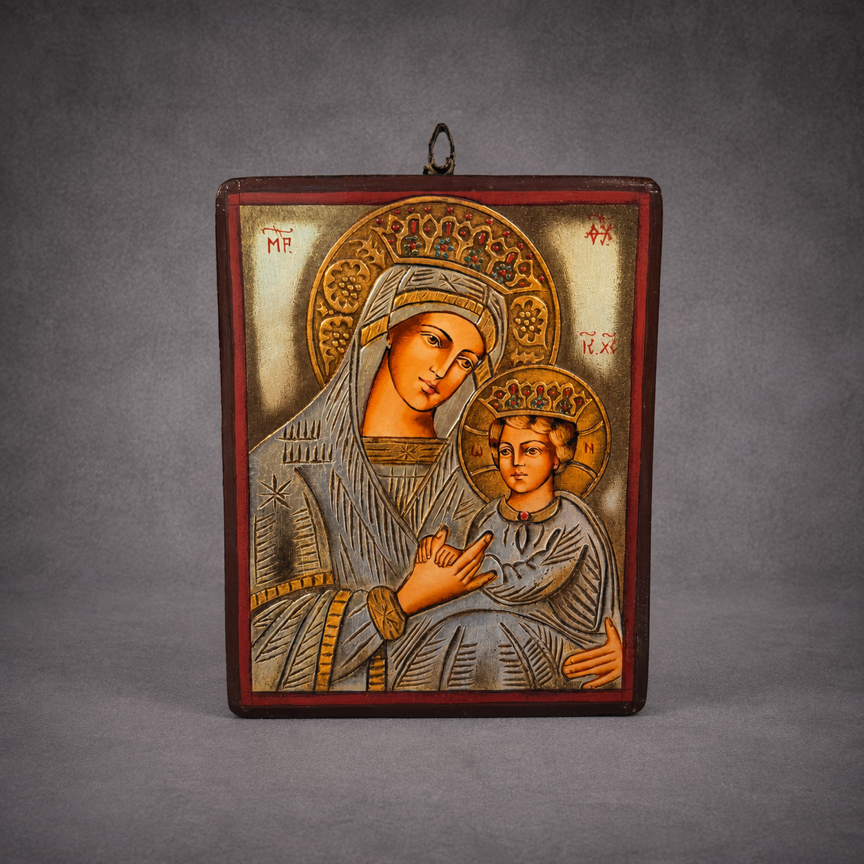 Vintage Romanian Orthodox Madonna Child Icon Hand Painted Wood 7\