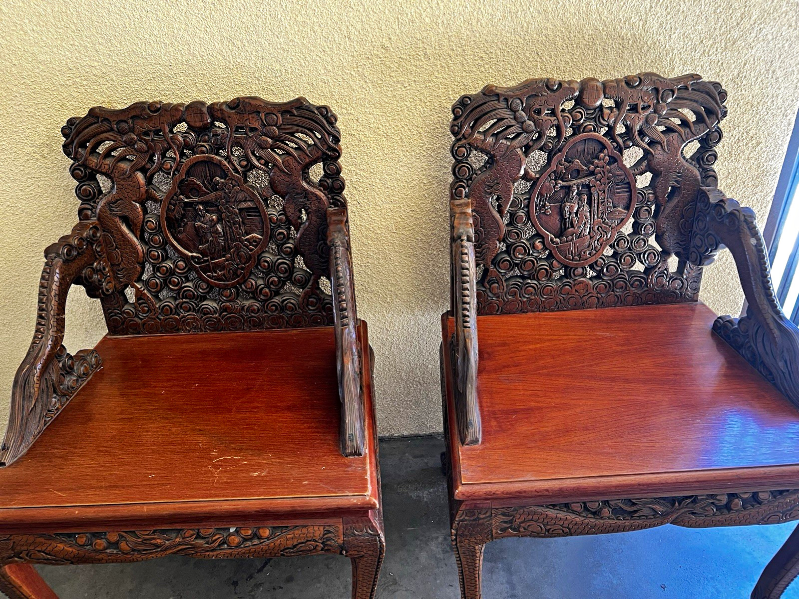 Set of 2 Antique Carved Wood Accent Chairs w/ Arms Brown Set of 2 Antique Carved Wood Accent Chairs w/ Arms Brown