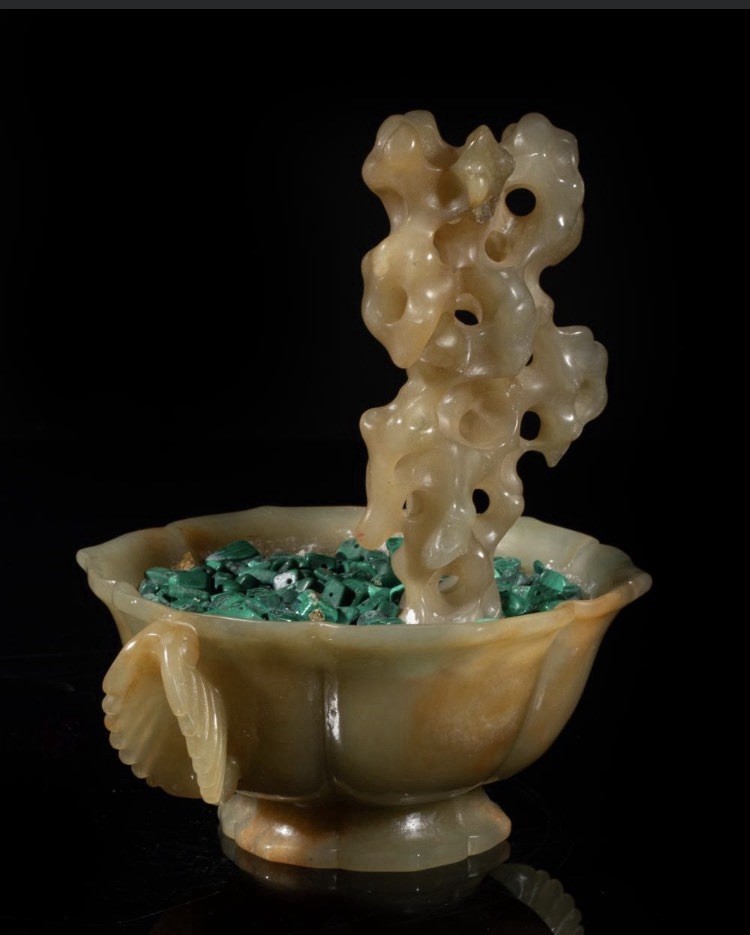 Chinese Carved Jade Scholar Stone Pierced Jade Leaf Handles Sculpted Figure
