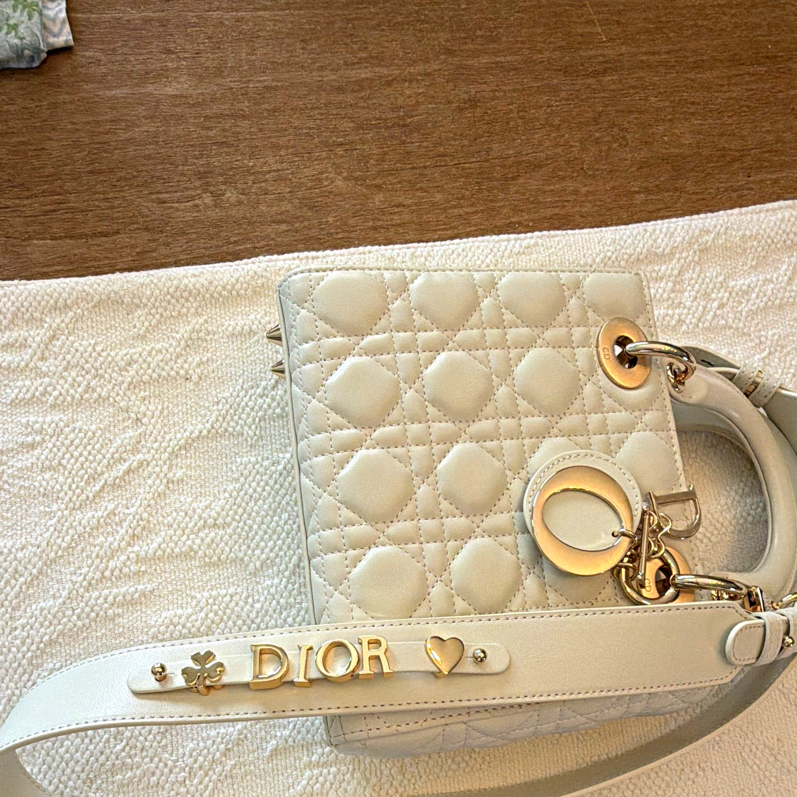 DIOR Cannage Quilted Shoulder Bag White w/ Strap Gold Hardware Logo - Excl