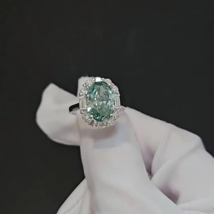 3ct Oval Cut Green Halo Lab Grown Diamond Engagement Ring 18K White Gold