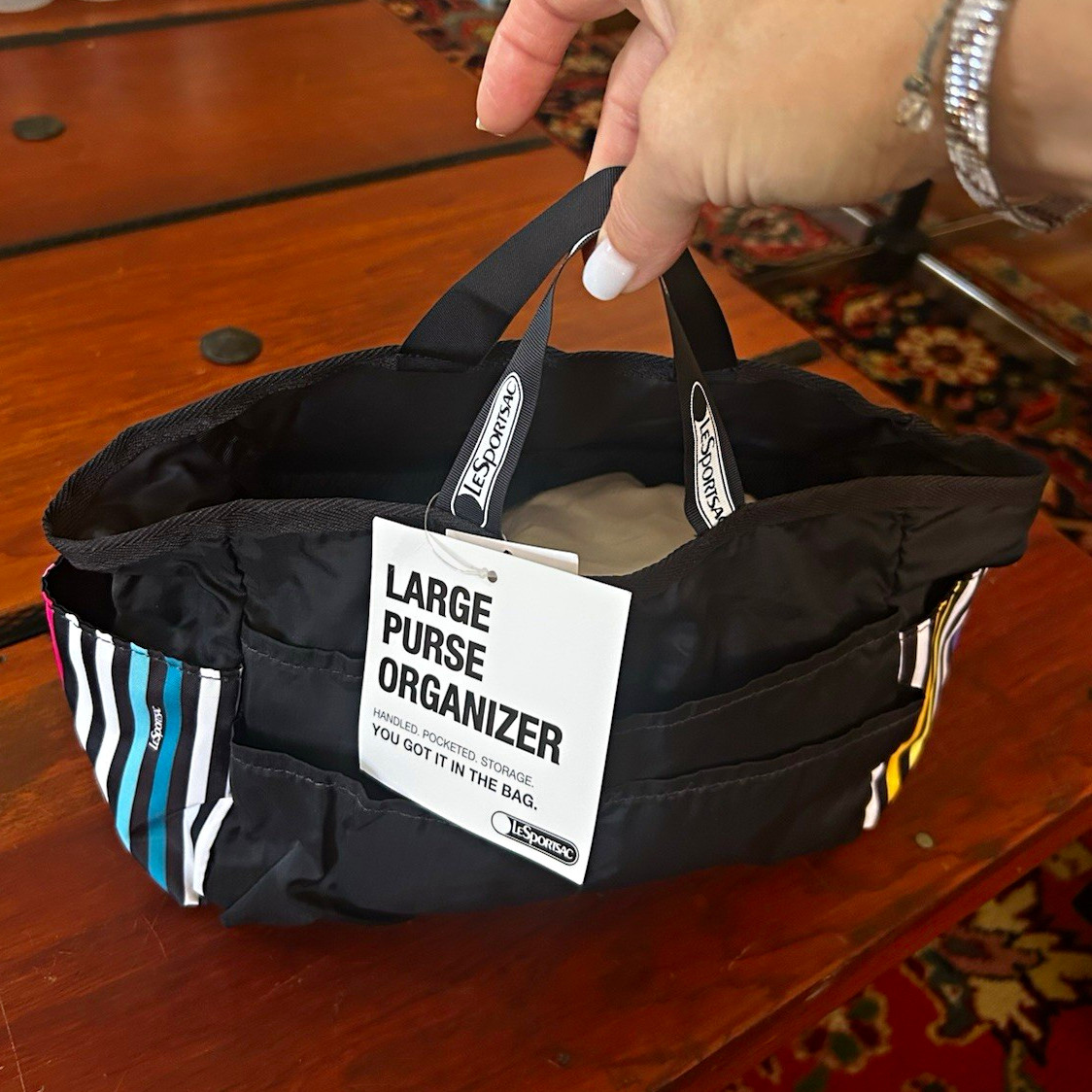 LeSportsac Large Purse Organizer Tote Insert Black/Multicolor Striped Zip Pouch LeSportsac Large Purse Organizer Tote Insert Black/Multicolor Striped Zip Pouch