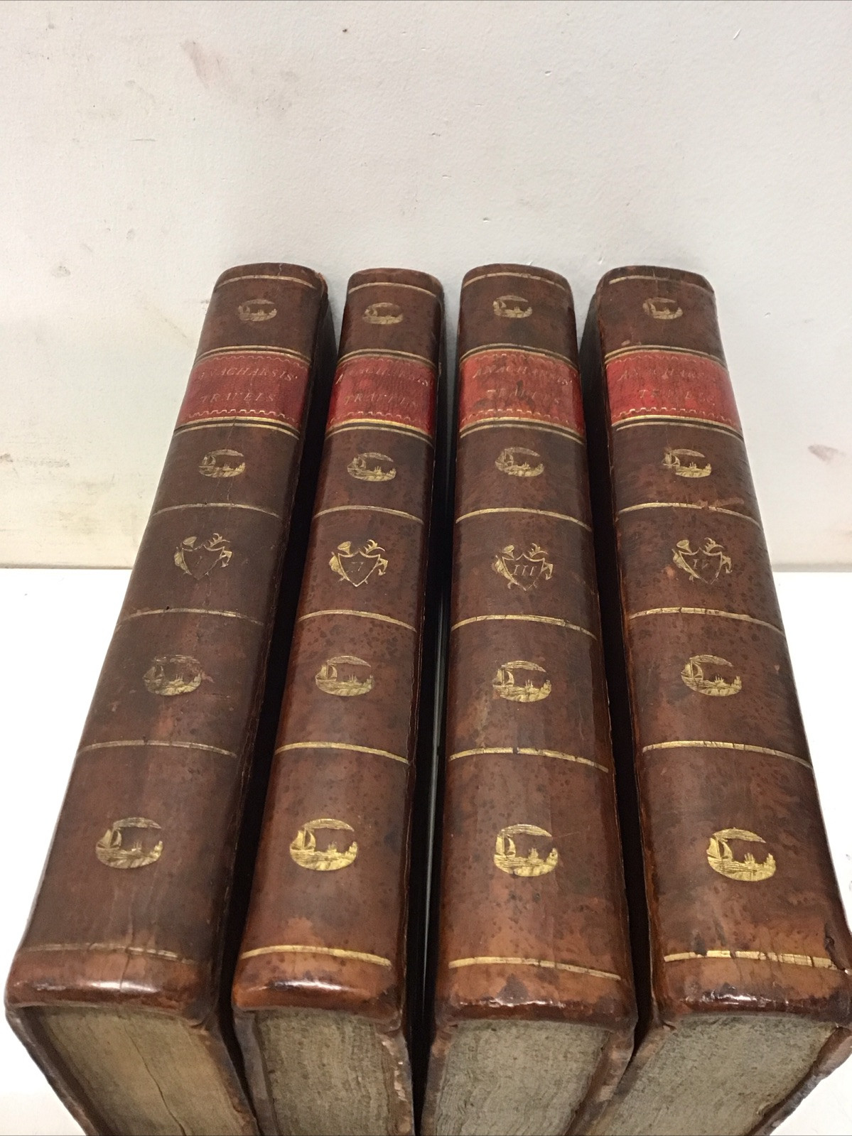 1804 Travels of Anacharsis the Younger in Greece 1st American Ed 4v Leather Map