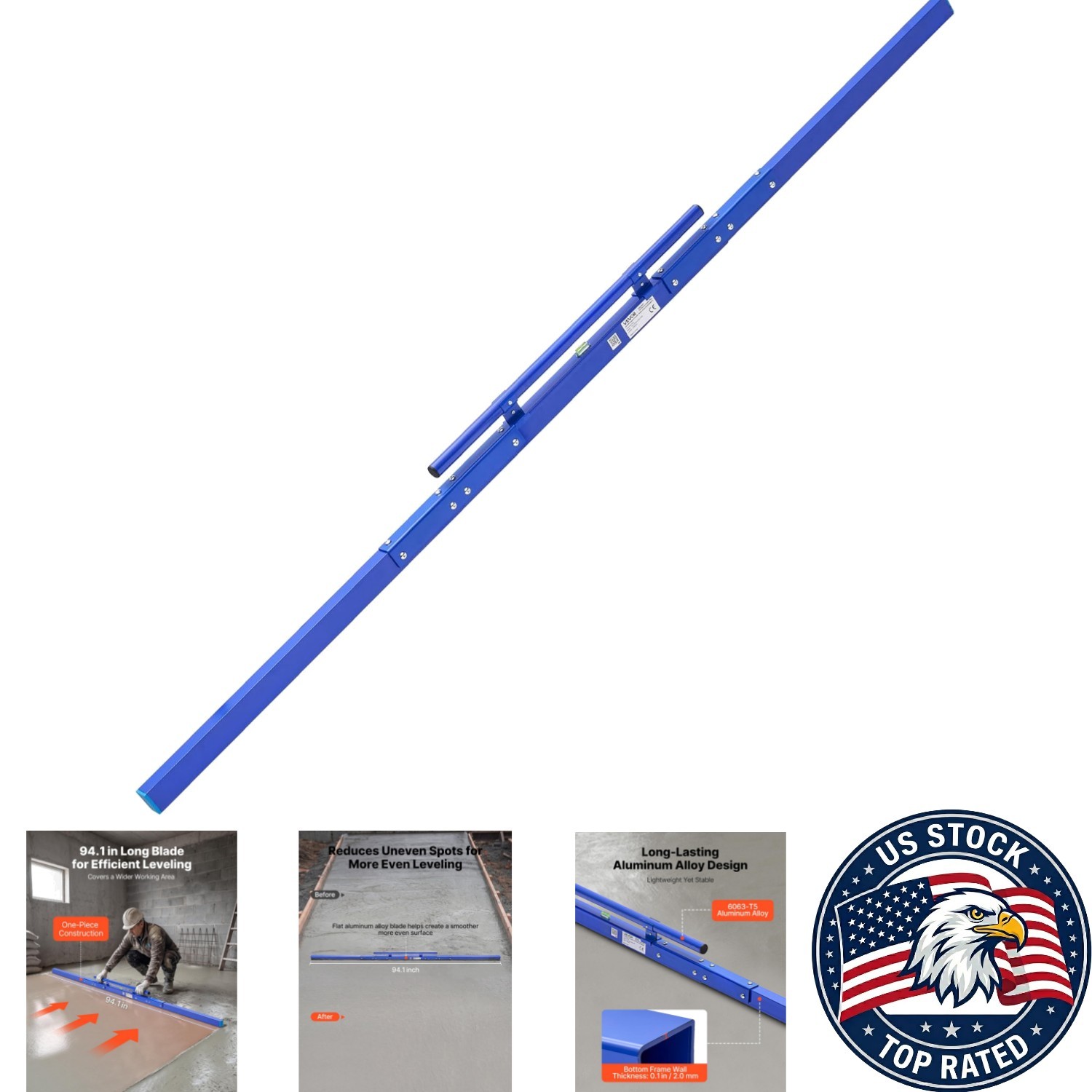 96-Inch Aluminum Manual Screed Board with Built-in Bubble Level - Blue 96-Inch Aluminum Manual Screed Board with Built-in Bubble Level - Blue