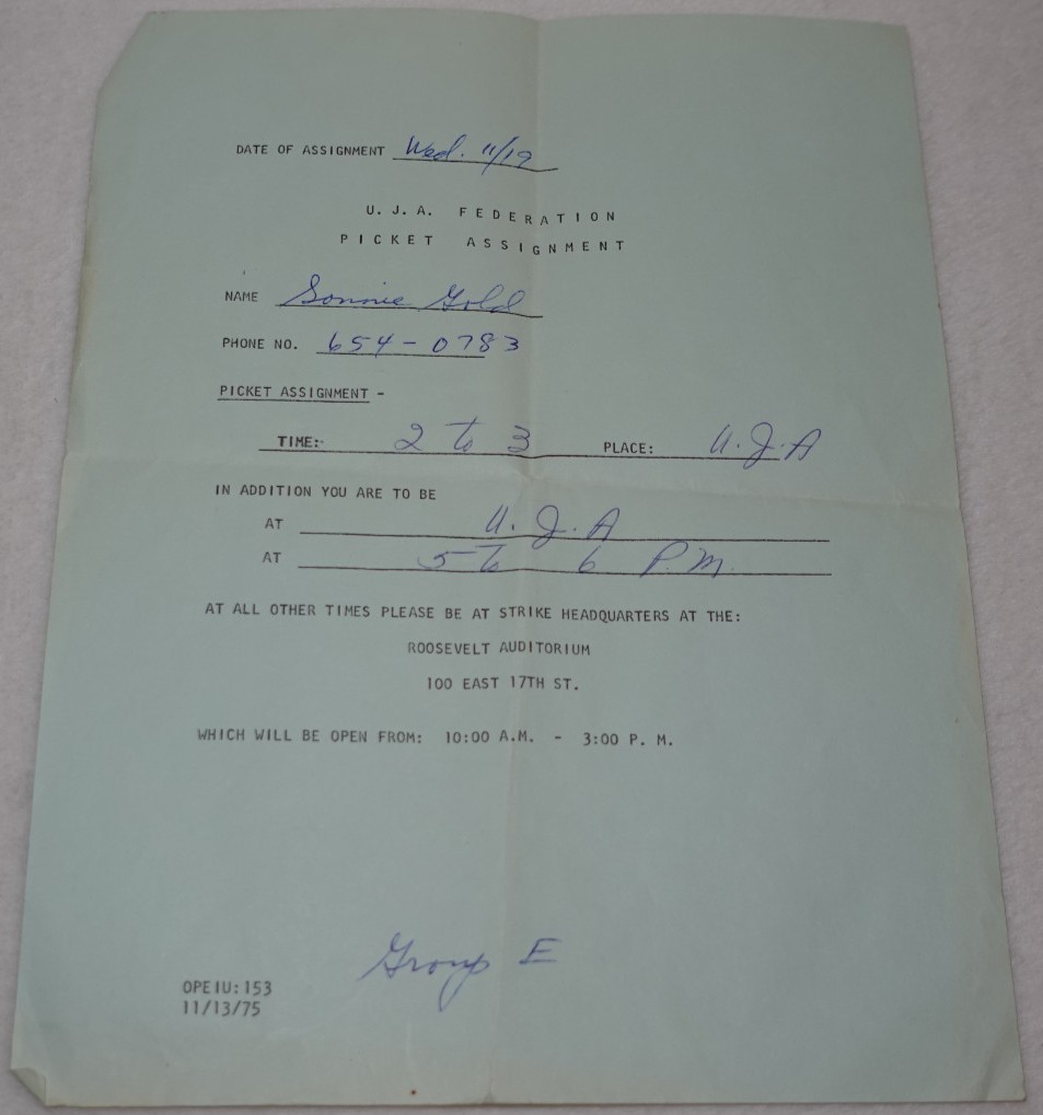 United Jewish Appeal 1975 UJA New York City Labor Strike Picket Assignment