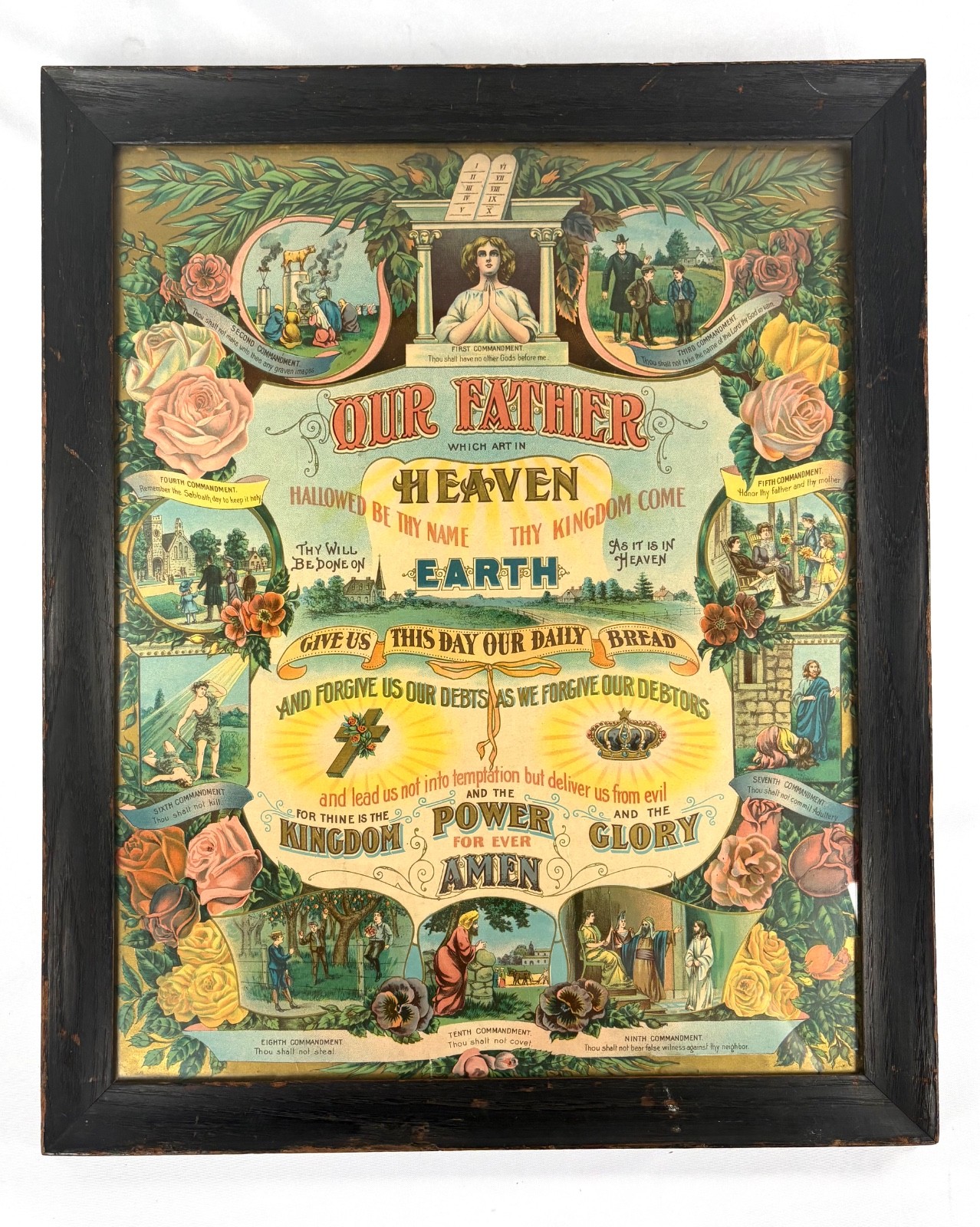 Antique Our Father Lord’s Prayer Ten Commandments Chromolithograph Framed