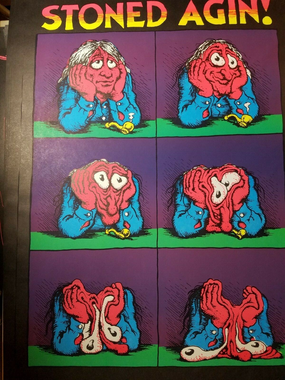 STONED AGIN MARIJUANA VINTAGE 1970's BLACKLIGHT HEADSHOP POSTER By R. Crumb