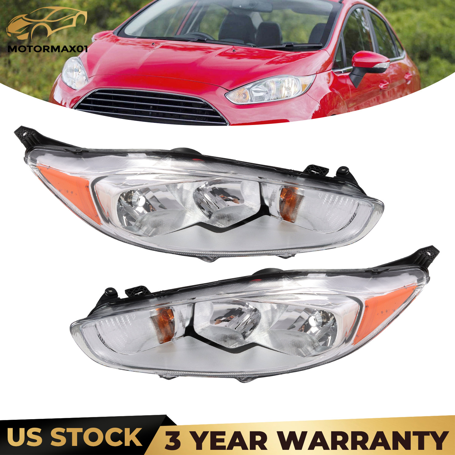 Pair Chrome Headlights Assembly For 2014-2019 Ford Fiesta S ST SE W/Bulbs