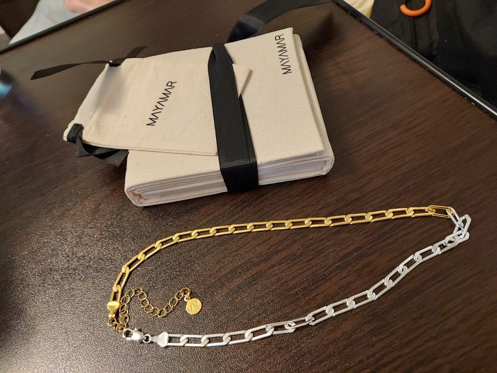 MAYAMAR Two-Tone Gold & Silver Paperclip Chain Necklace Logo Charm Adjustable