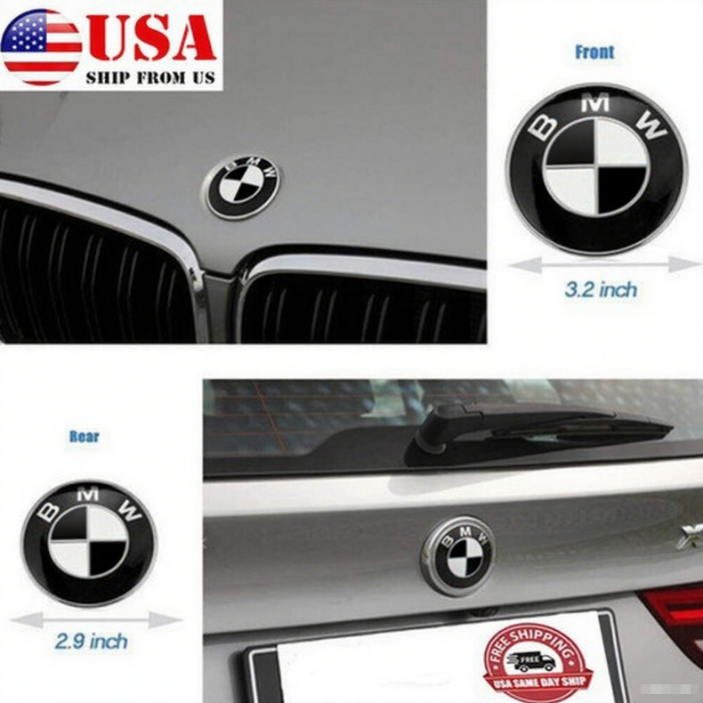 Set of 2 Fits For BMW Badge Emblem White Black Hood (82mm)+Rear (74mm) NEW~US❤️