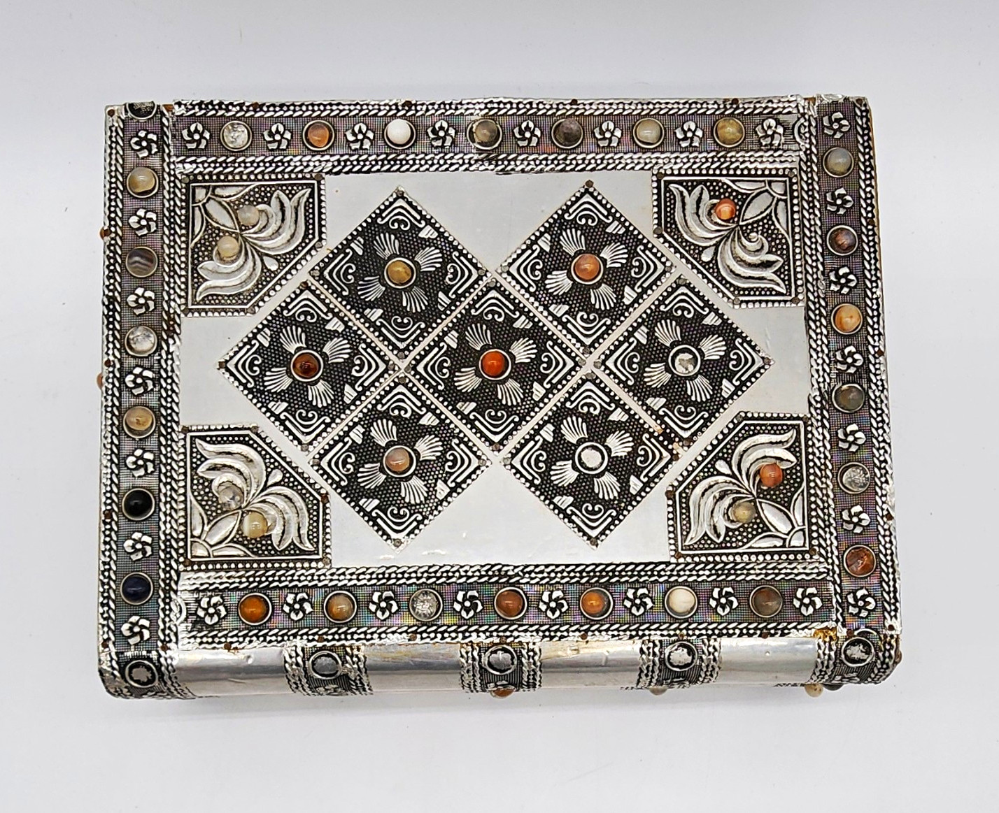 Vintage Silver Tone Jeweled Jewelry Box Cantilever Trays Mirror Indian Style