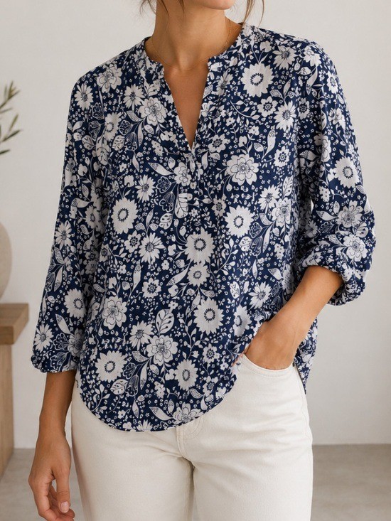 Talbots 100% Linen Floral Split V-Neck Pullover Woven Shirt Boho Navy Medium