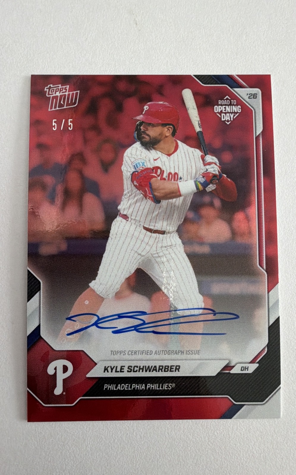 2026 Topps Road To Opening Day Autograph Kyle Schwarber A-KS Red Foil /5 2026 Topps Road To Opening Day Autograph Kyle Schwarber A-KS Red Foil /5