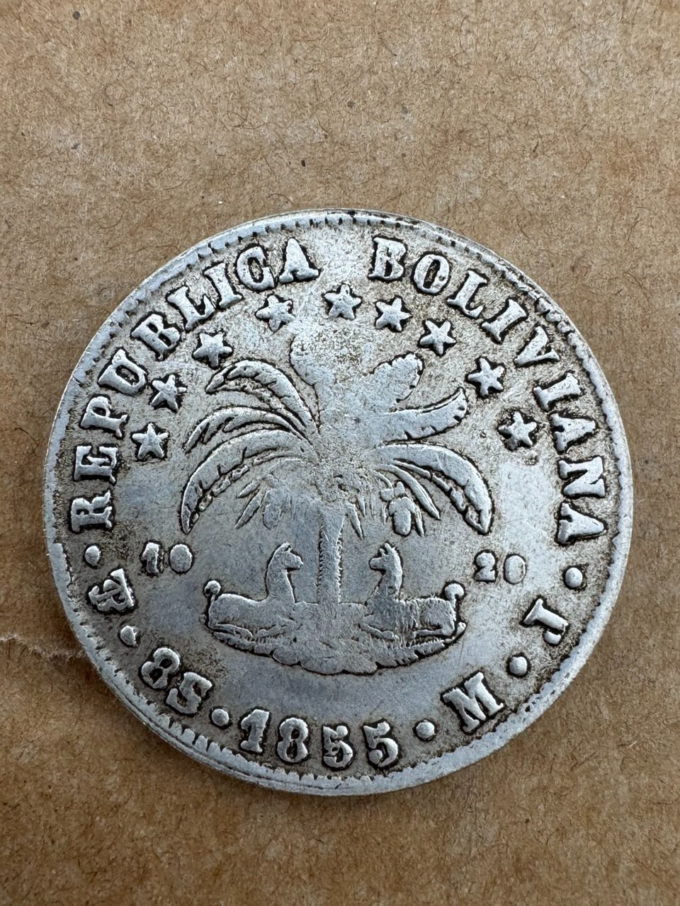 Republica Boliviana Coin 8 sol 1855 M