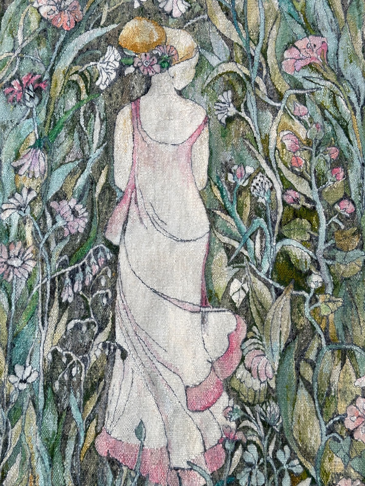 2x4 Vintage Rare Botanical Art Nouveau  Lady Hand-Woven Tapestry 71cm × 127 cm