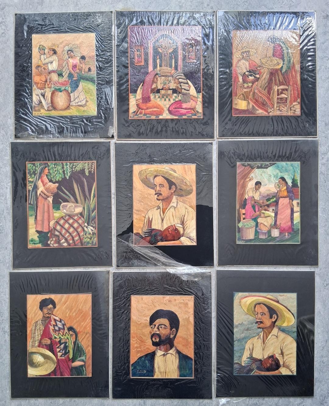 COLLECTION OF 9 PIECES OF MEXICAN POPOTILLA ART BY FELIPE OLAY 1940\'S-1950\'S