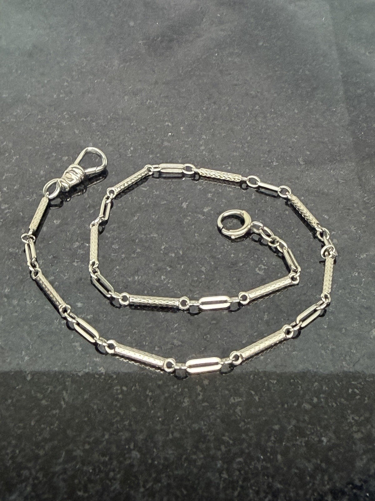 10K White Gold Watch Chain Fob Chain 7.07g Textured & Polished Link Vintage