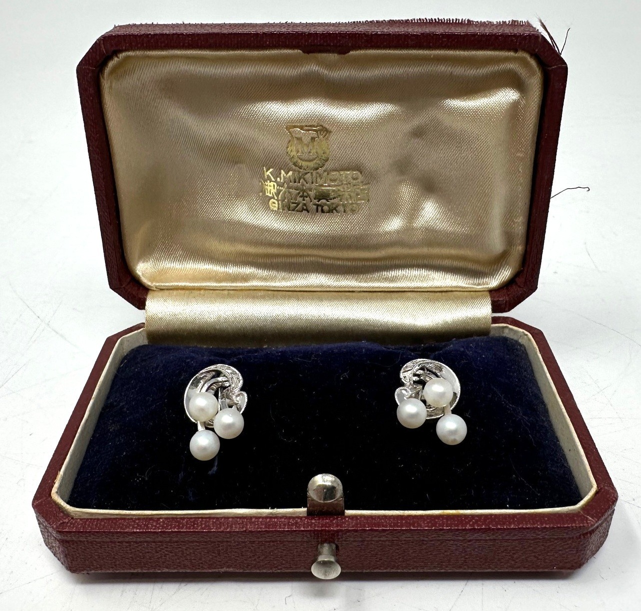 Vintage Mikimoto Pearl Press-On Earrings In Mikimoto Red Box