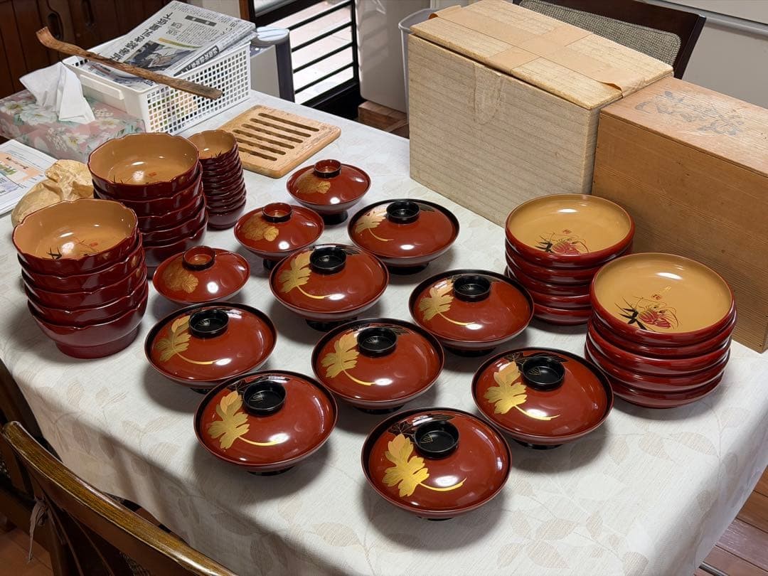 Wajima Nuri Makie Soup Bowl Set with Lid Wooden Box Fine Collectors Item