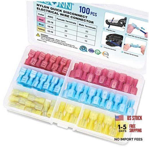 100 Pcs Nylon Spade Connector Kit, Insulated Crimp Wire Connectors Combo 100Pcs