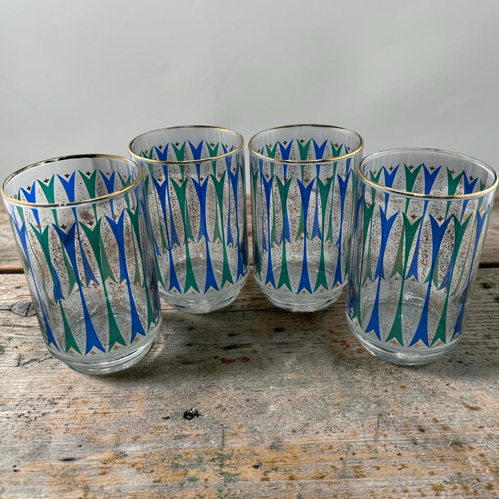 Green Blue Gold Vintage MCM Atomic Libbey Drinkware Tumblers Cocktail Glasses Green Blue Gold Vintage MCM Atomic Libbey Drinkware Tumblers Cocktail Glasses