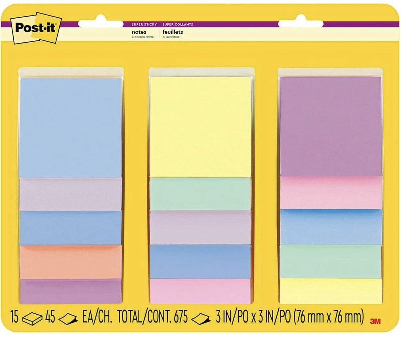 Post it Super Sticky Notes, 3x3 in, Assorted Pastel Colors, 15 Pads, 2X Stick