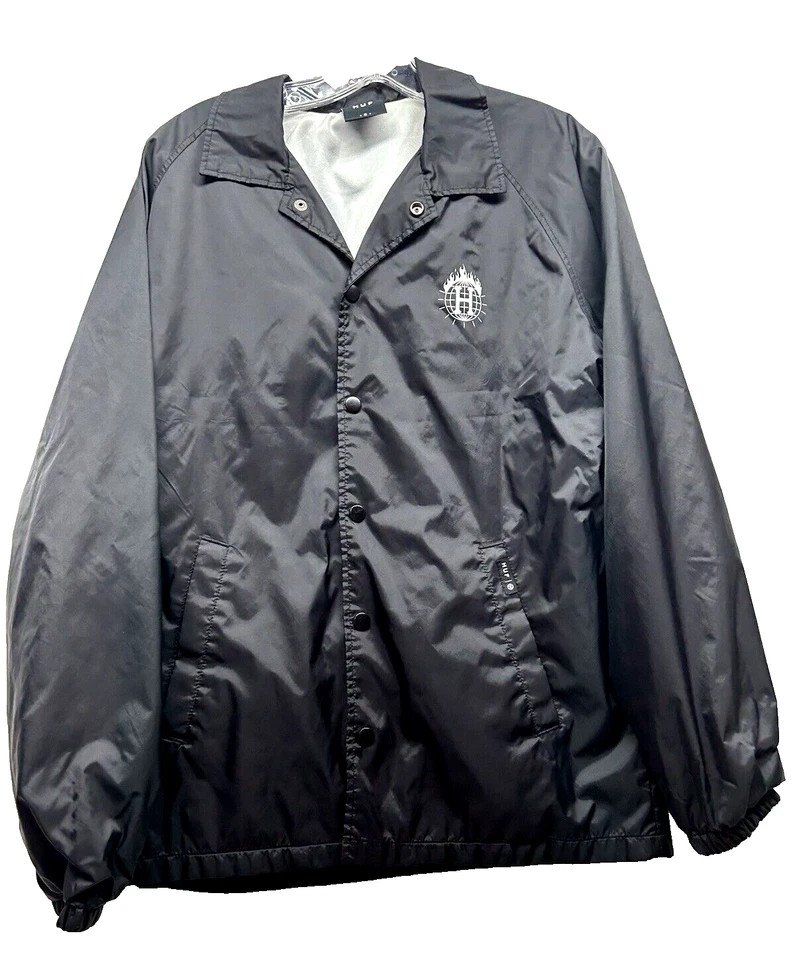 Huf Skateboards Thrasher Men\'s Small Coach\'s Black Satin Windbreaker Jacket (UB)