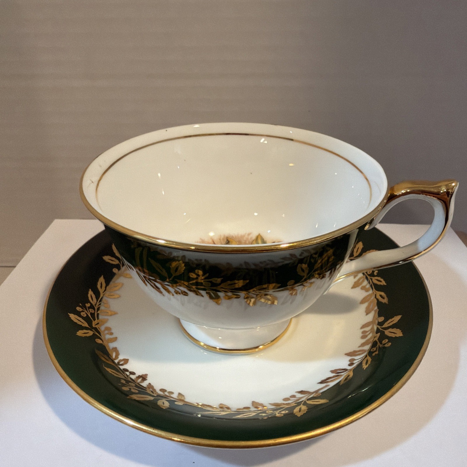 Aynsley John #2966 Teacup & Saucer set, Green/White/Gold Trim with Fruit, only 1
