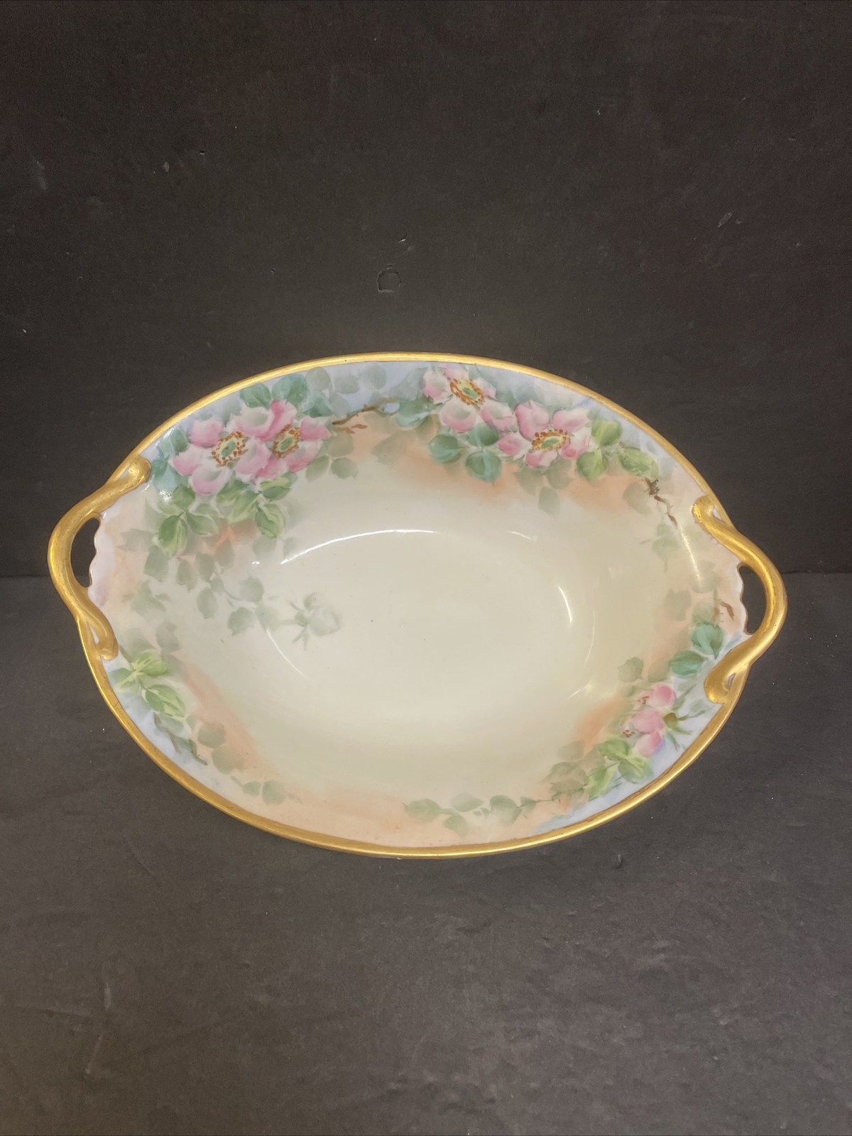 vintage Floral Pink  Limoges Handpainted Bowl Serving Gold Gilded  Floral  Boho