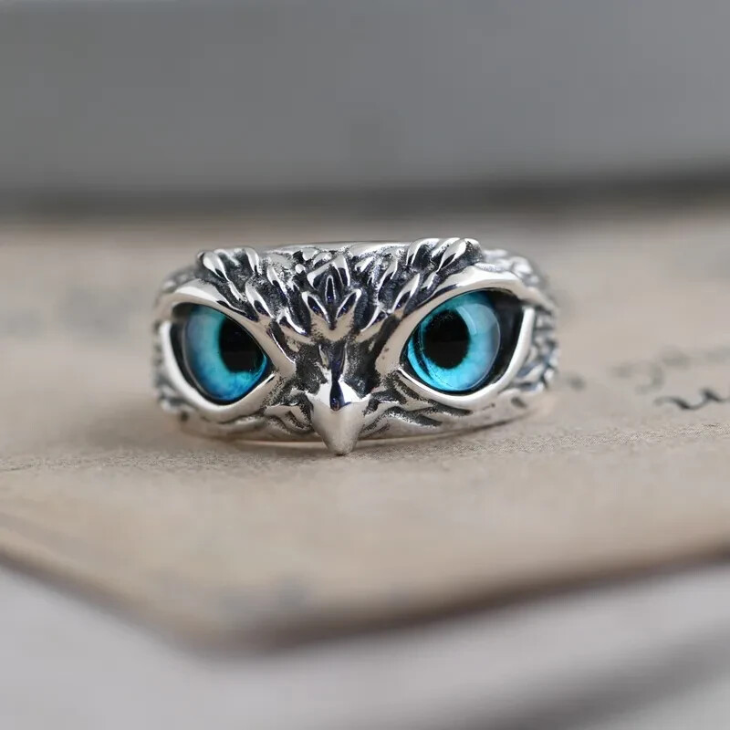 Cute Owl Blue Eye Silver Ring, Adjustable Size, Bird, Fun