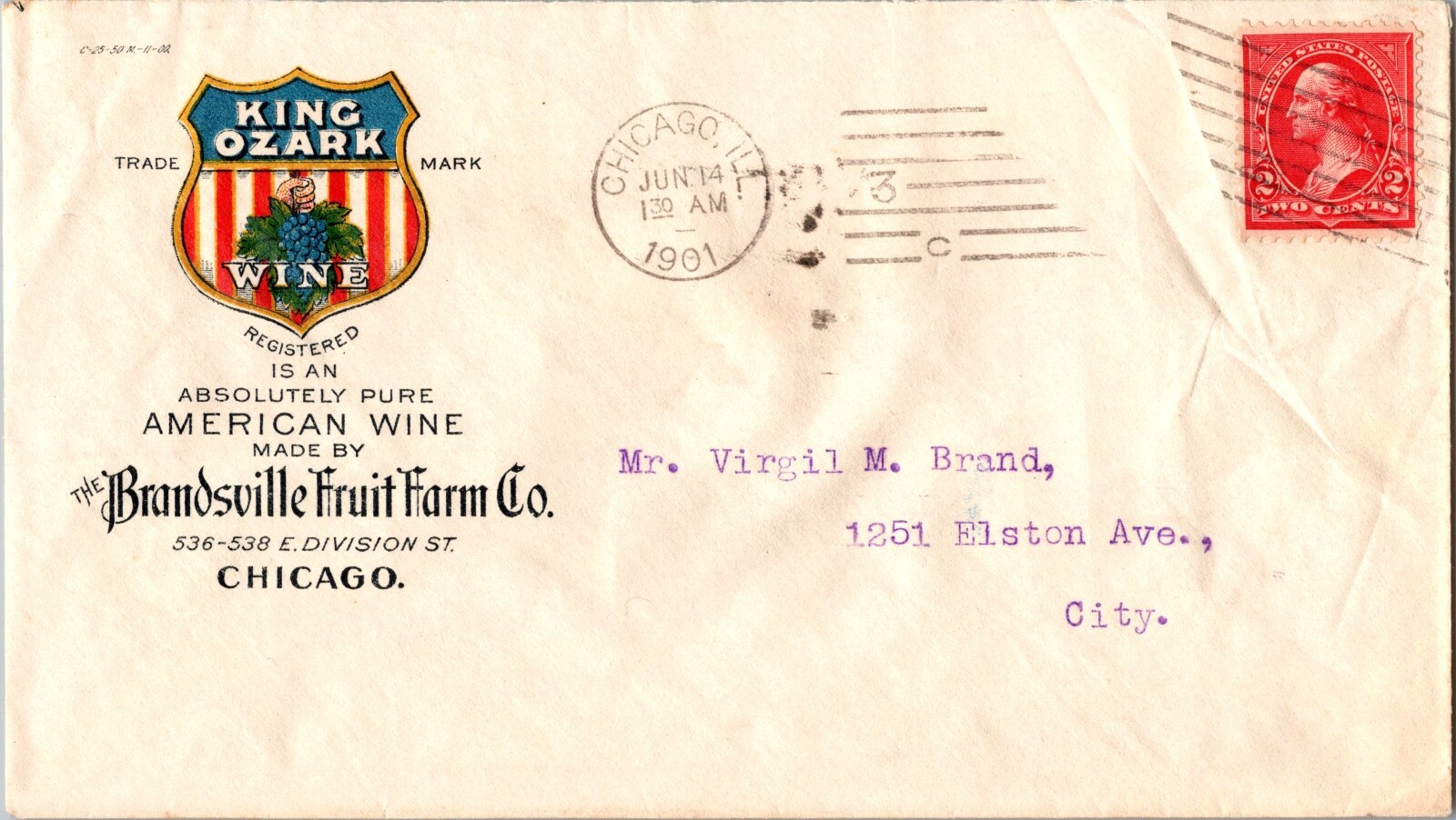 1901 USA IL Chicago King Ozark Fruit FARMS Locally used Cover to 1251 Elston Ave