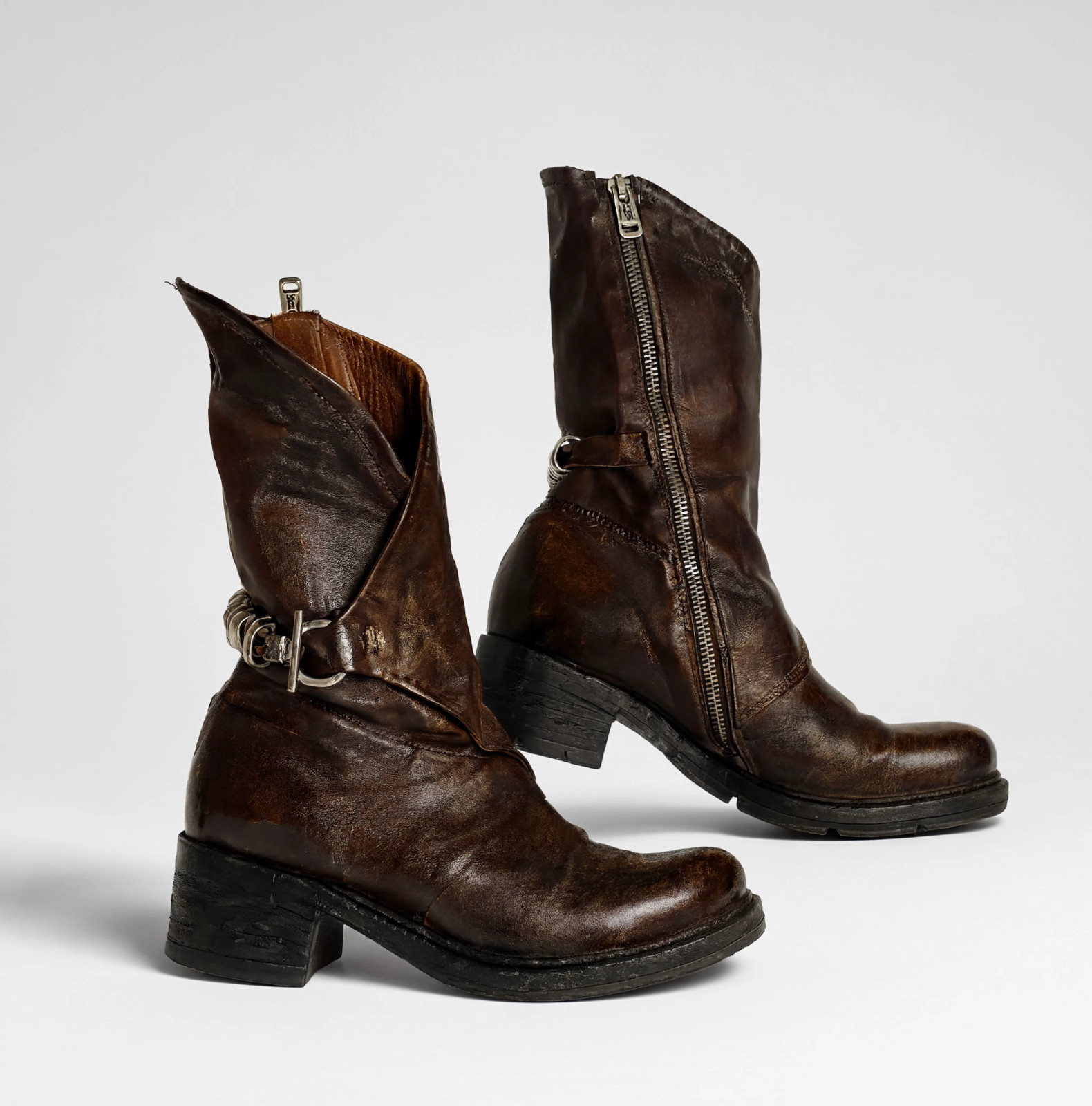 AS98 Airstep Women Brown Leather Ankle Biker Boots Chain Buckle Slouchy EU39 US8