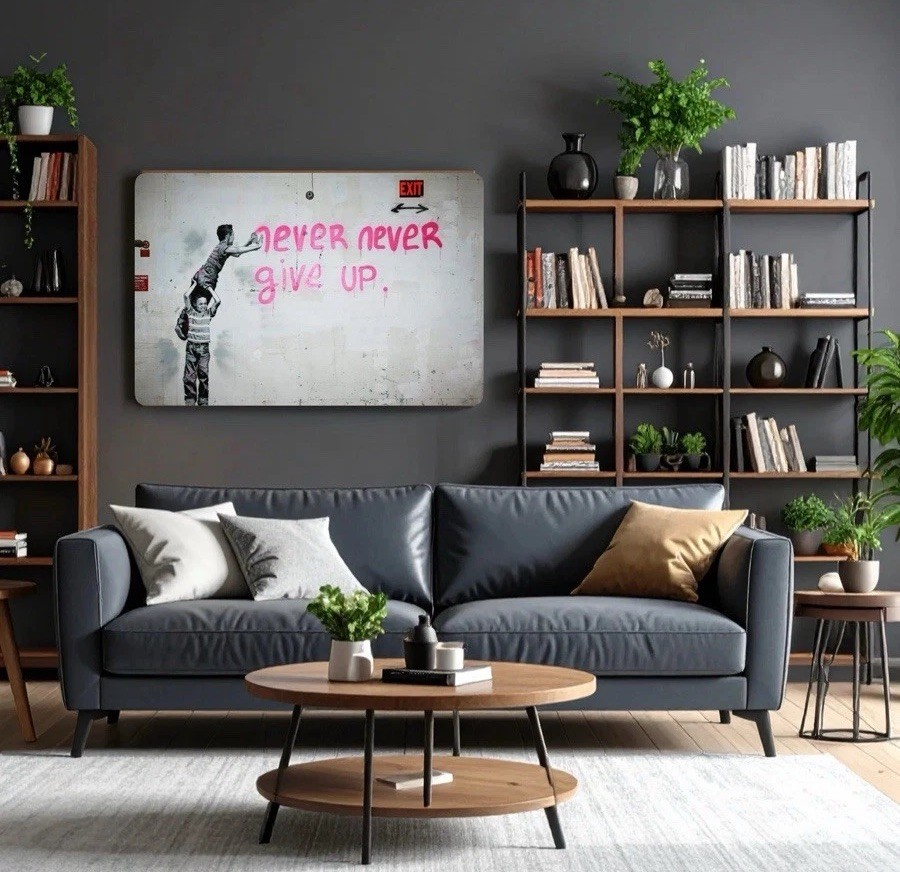 BANKSY  “Never Ever Give Up”  Reproduction on Canvas ready To Hang  26 x 40 Inch