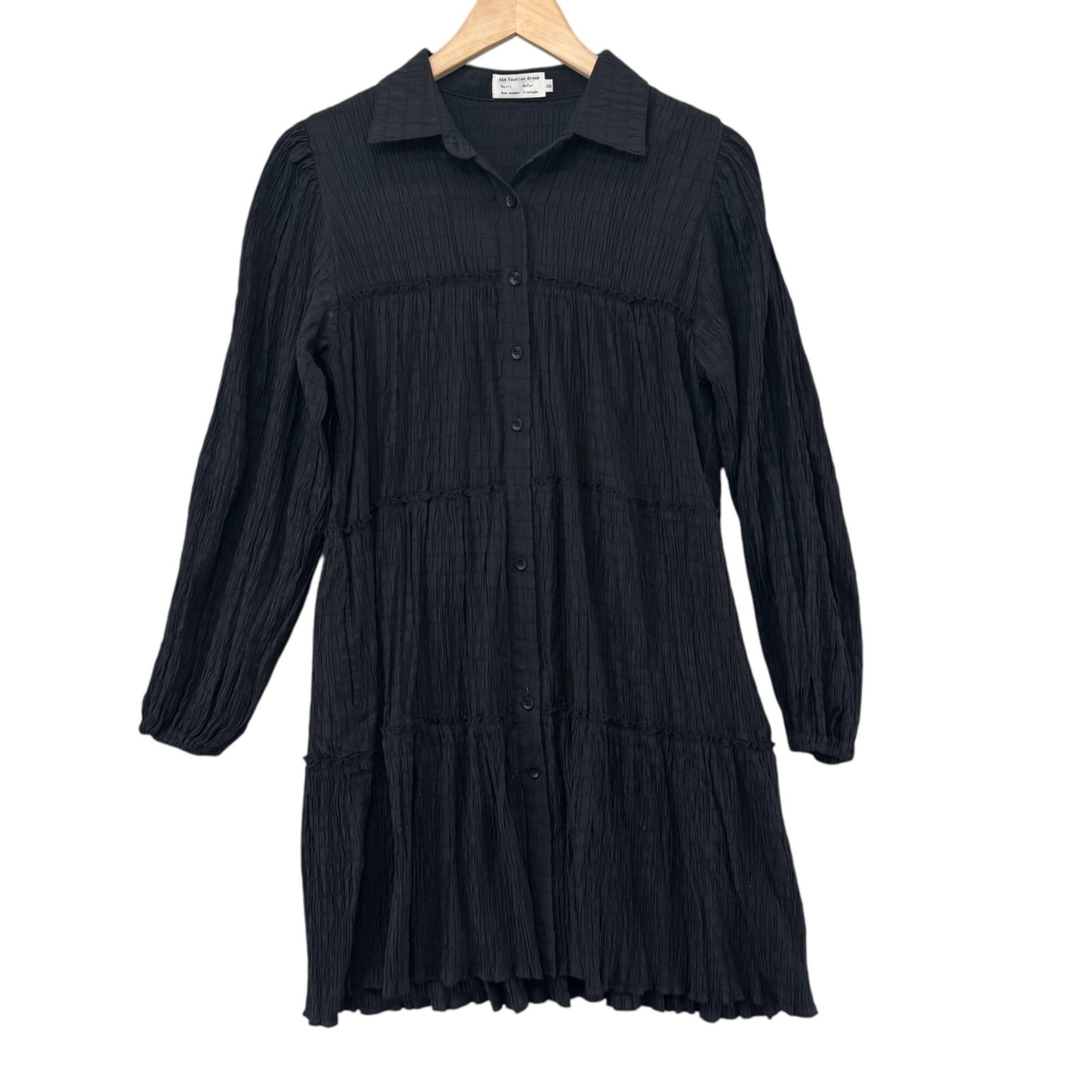 ASA Fashion Roiii Aofur Shirt Dress Black Long Sleeve Button Up Smocked Sz S