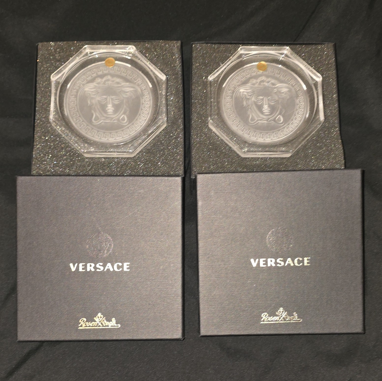 Versace Medusa Clear Glass Octagon Ashtray Set of 2 w/ Boxes Versace Medusa Clear Glass Octagon Ashtray Set of 2 w/ Boxes