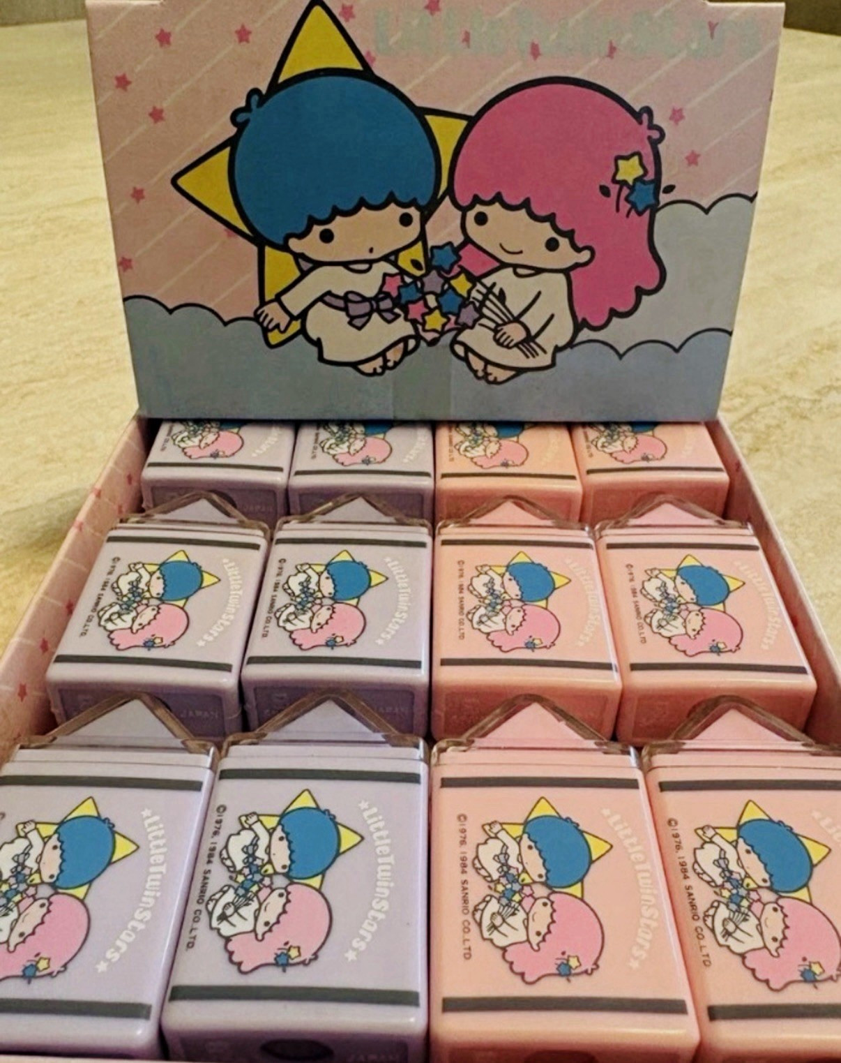 Old Stock Sanrio Little Twin Stars Kiki Lala Erasers 24pc Lot Display Box 1984 