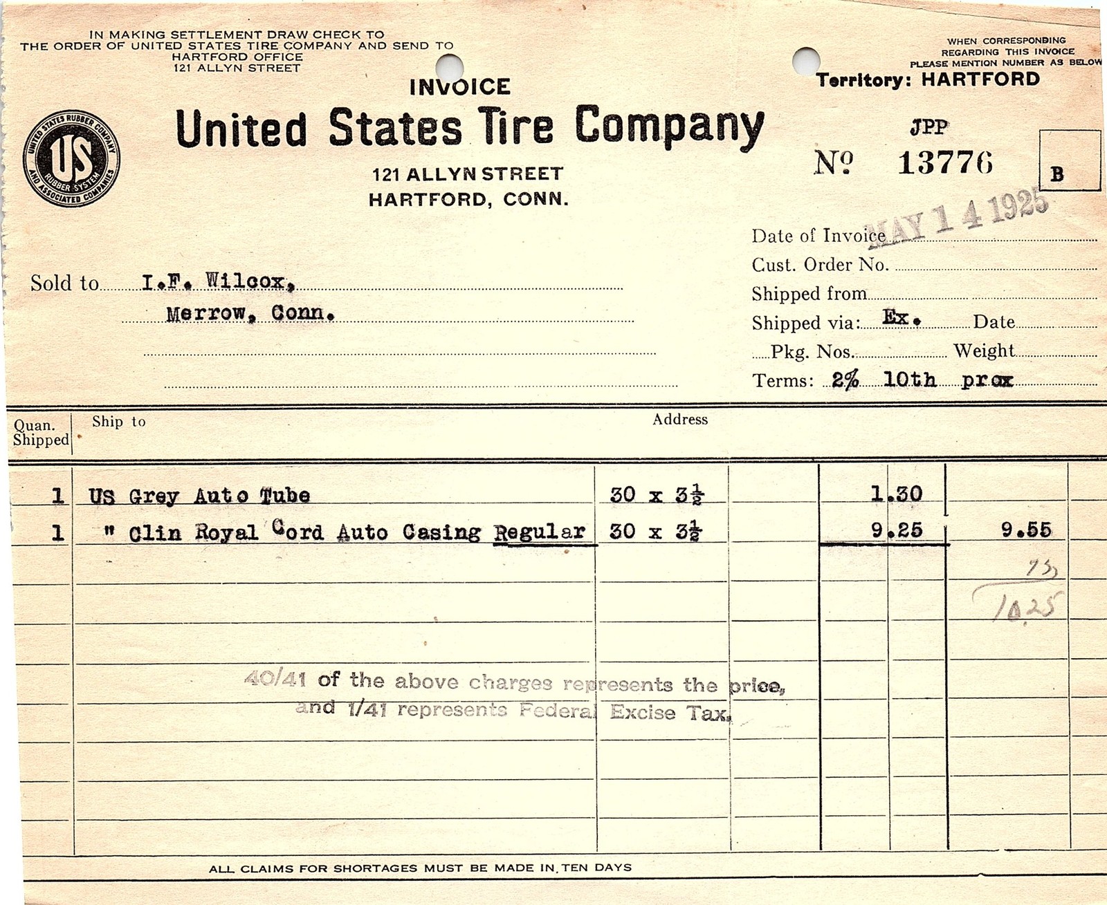 1925 US Tire Co. Hartford Invoice - Auto Tube & Casing