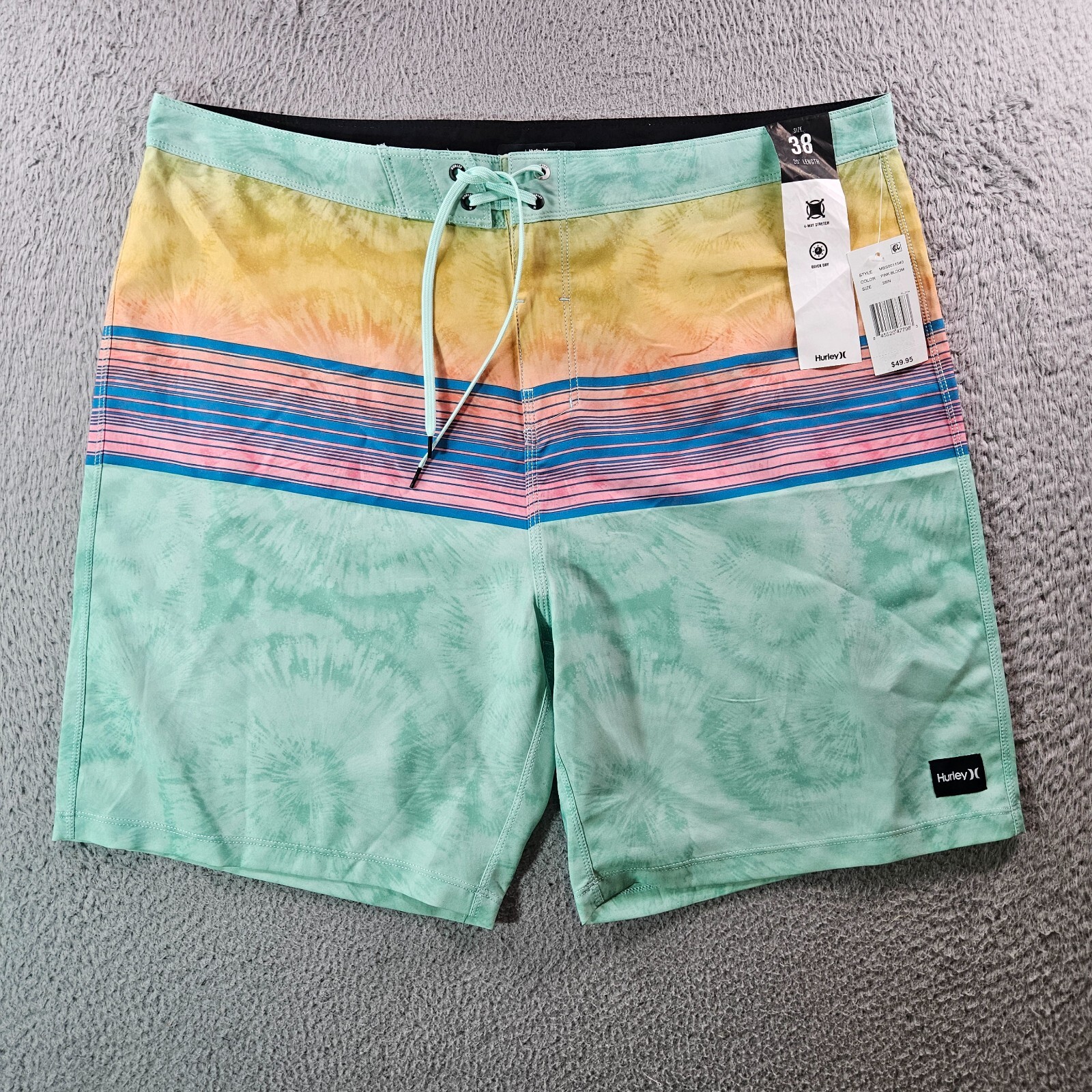 NWT Hurley Board Shorts Swim Trunks Men 38 No Liner Green Yellow Blue Striped