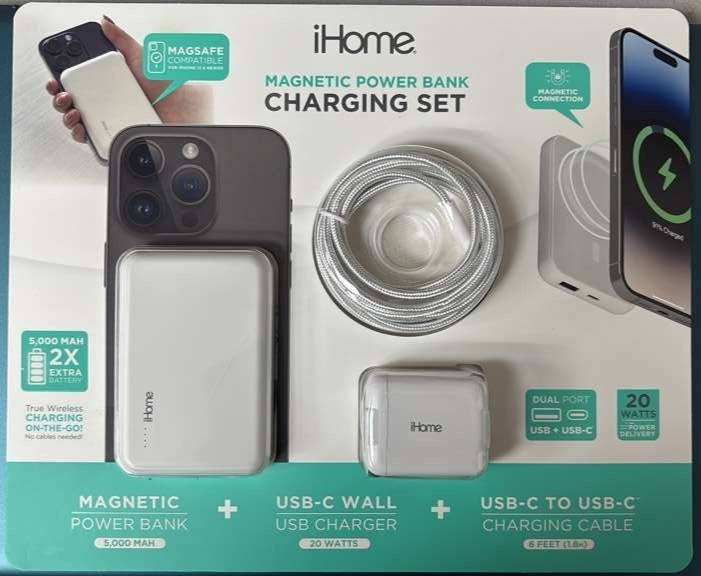 iHome Magnetic Power Bank Charging Set – Wireless Fast Charge | Brand New |White