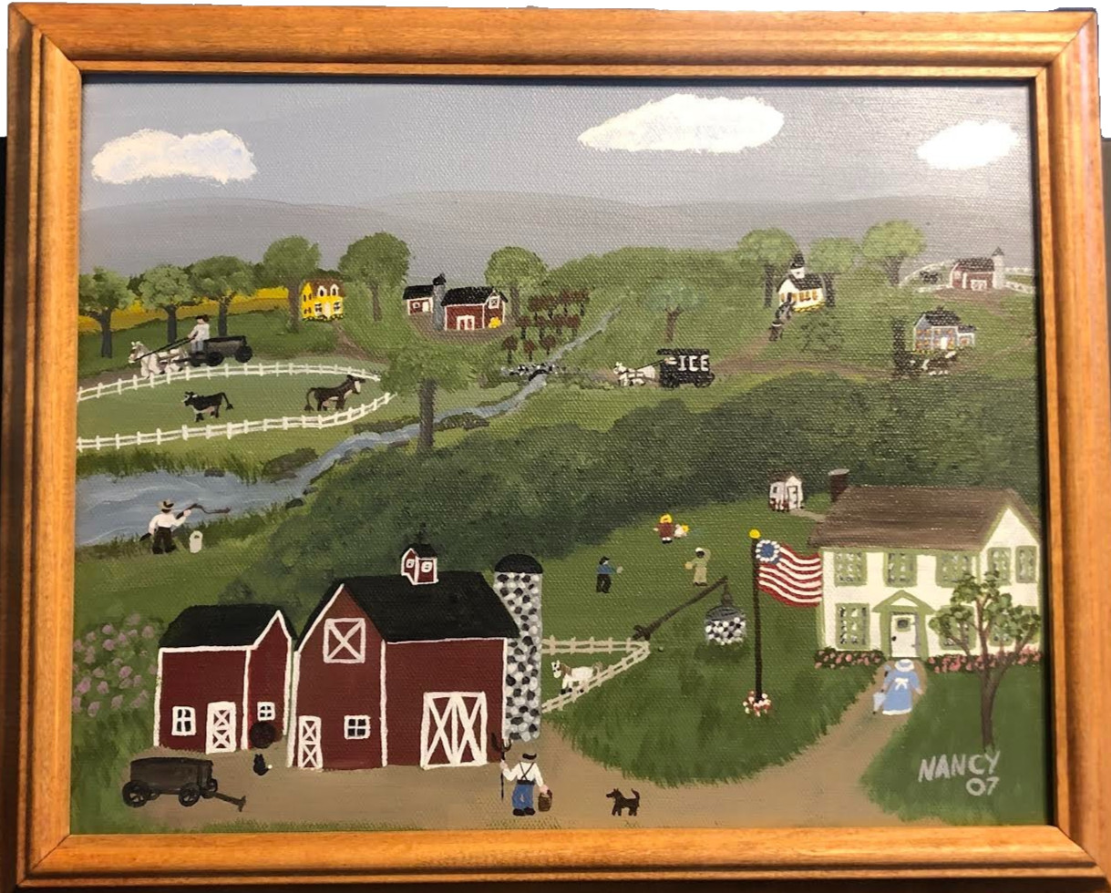 Signed Nancy, 2007. Amazing Americana folk art painting reminiscing on the 1800s Signed Nancy, 2007. Amazing Americana folk art painting reminiscing on the 1800s