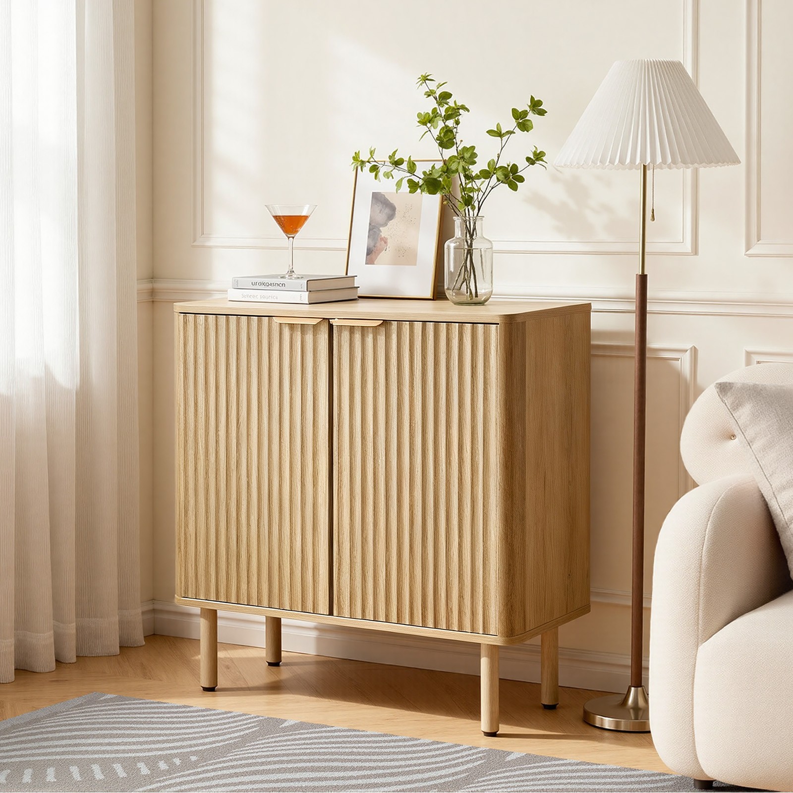 Uimoso Mid-Century Coffee Bar Cabinet with Fluted Design and Sliding Barn Doors