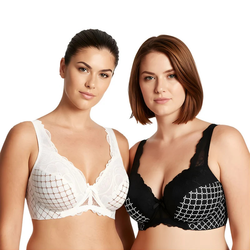 Curve Muse Women\'s Minimizer Underwire Bra Unlined Lace Embroidery 2 Pack