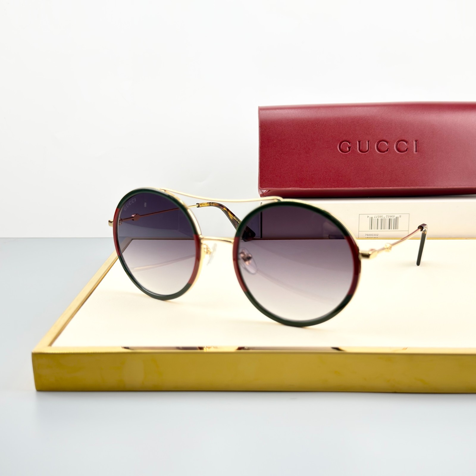 Gucci GG0061S 003 Round Gold Frame Green Red Trim Gradient Sunglasses w/ Box