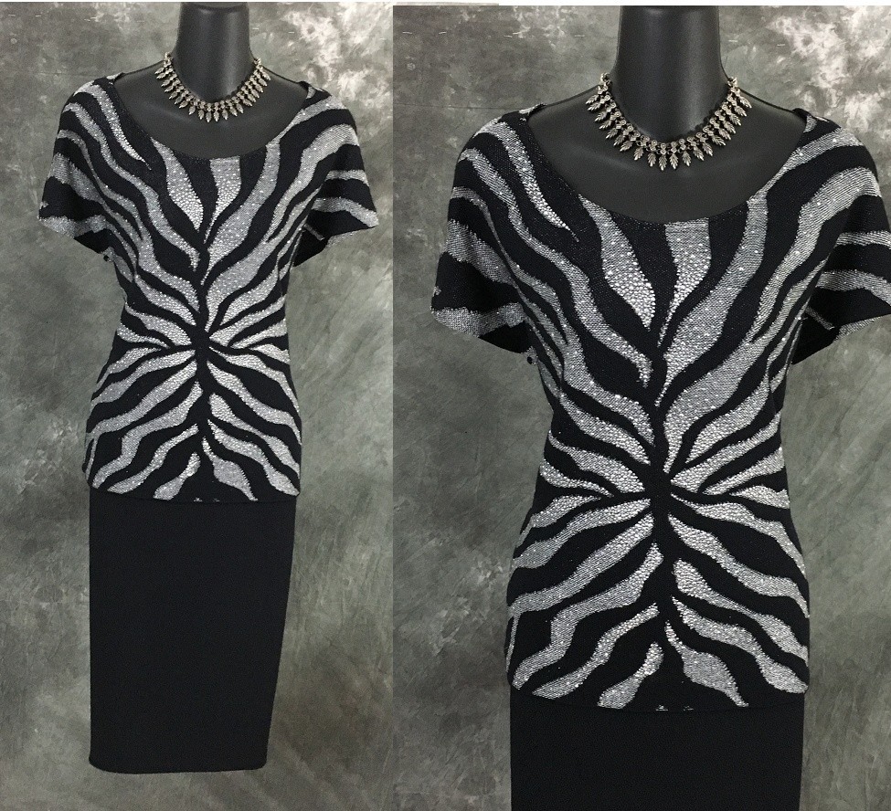 BEAUTIFUL St John evening knit black white embellished top skirt suit size M 10