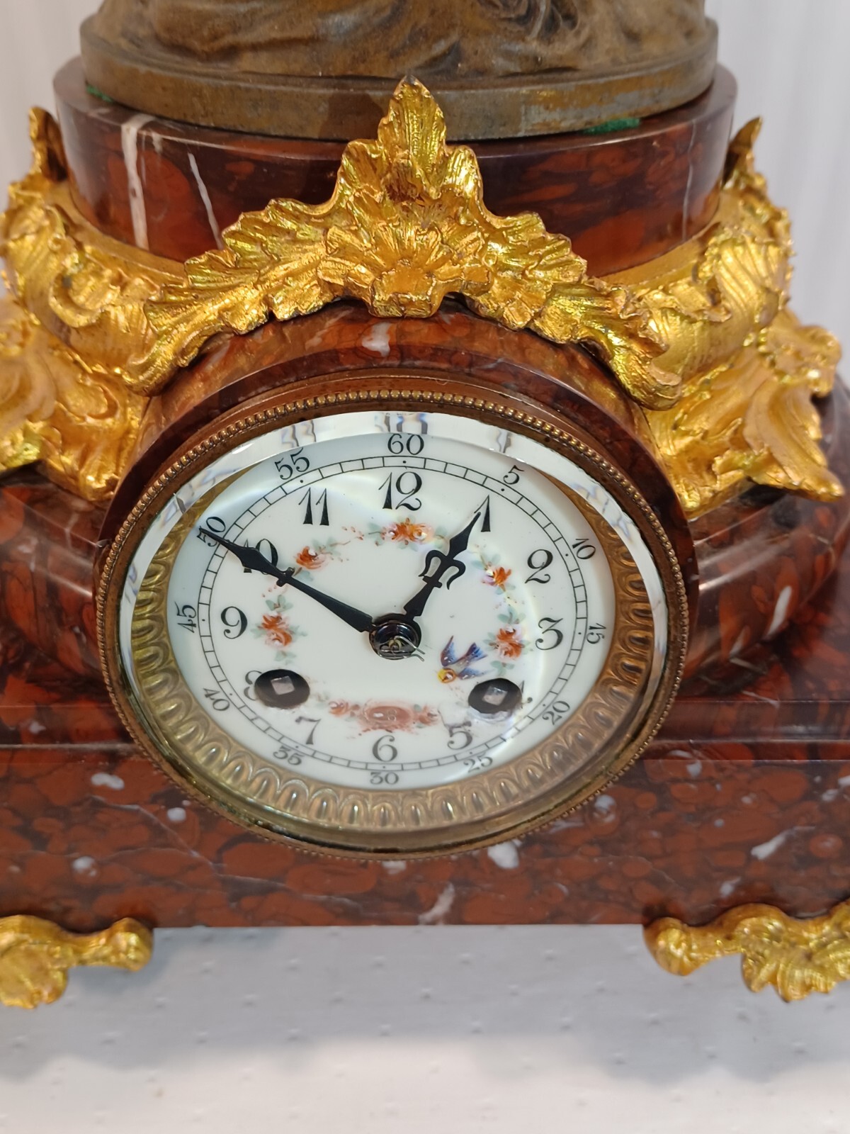 Antique FRENCH Victorian MARBLE CLOCK by MOUGIN with Statue: 1880 RUNS & CHIMES