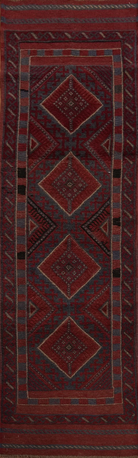 Geometric Balouch Afghan Runner Rug 2x8 Ft Handmade Red Wool Hallway Carpet