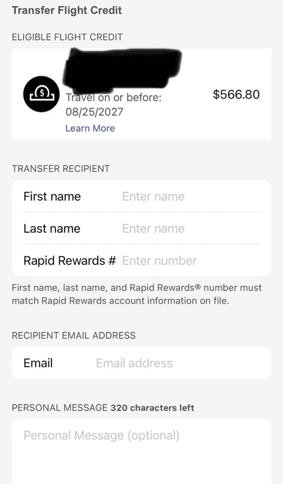 Southwest Transferable Flight credit 500-1k