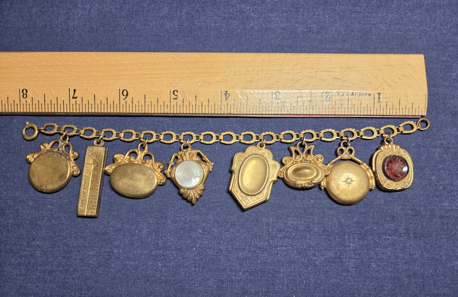 Vintage watch fob charm bracelet featuring MOP, Intaglio, clear stone