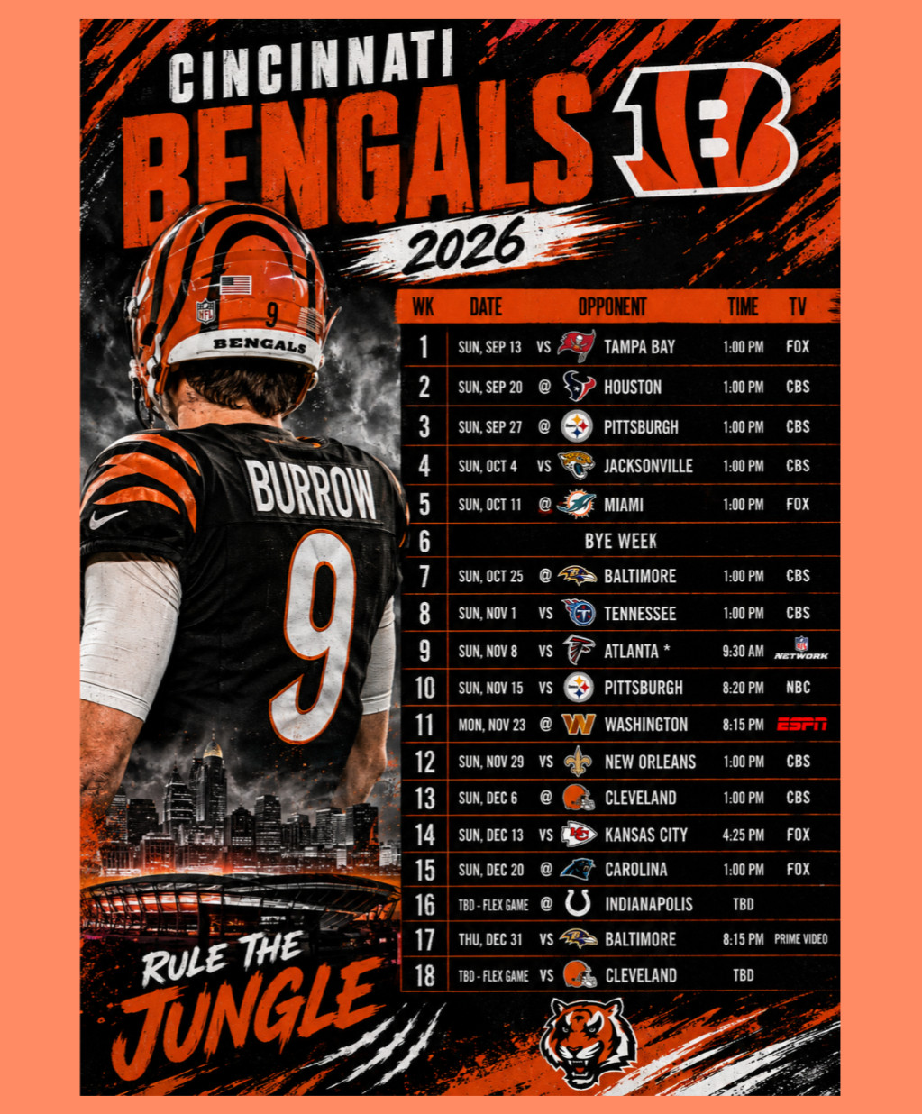 Cincinnati Bengals Schedule 2026-27 Season Magnet (5 x 7 inches) High Definition
