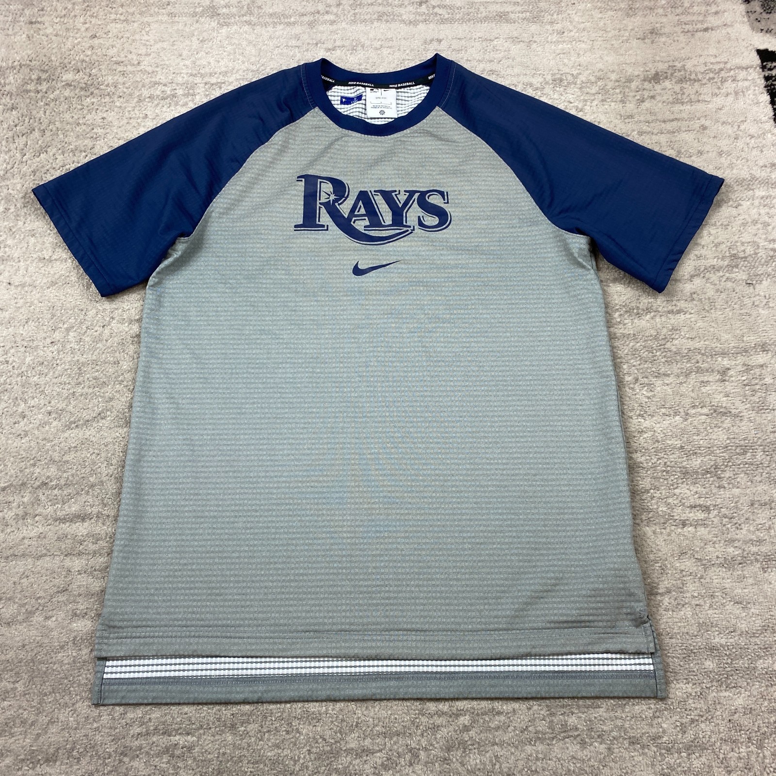 Nike Tampa Bay Rays Bobby Kinne Player Issue Shirt Large Gray Blue Center Swoosh